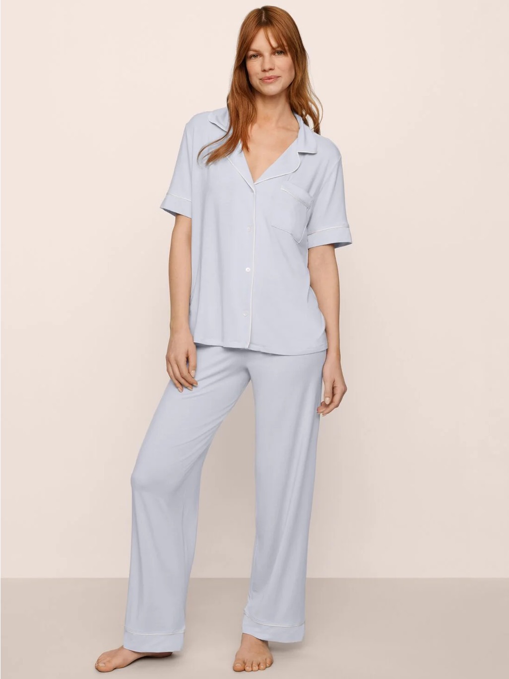 Eberjey Gisele Tencel Modal Short Sleeve & Pant Pj Set In Ice Blue/Ivory